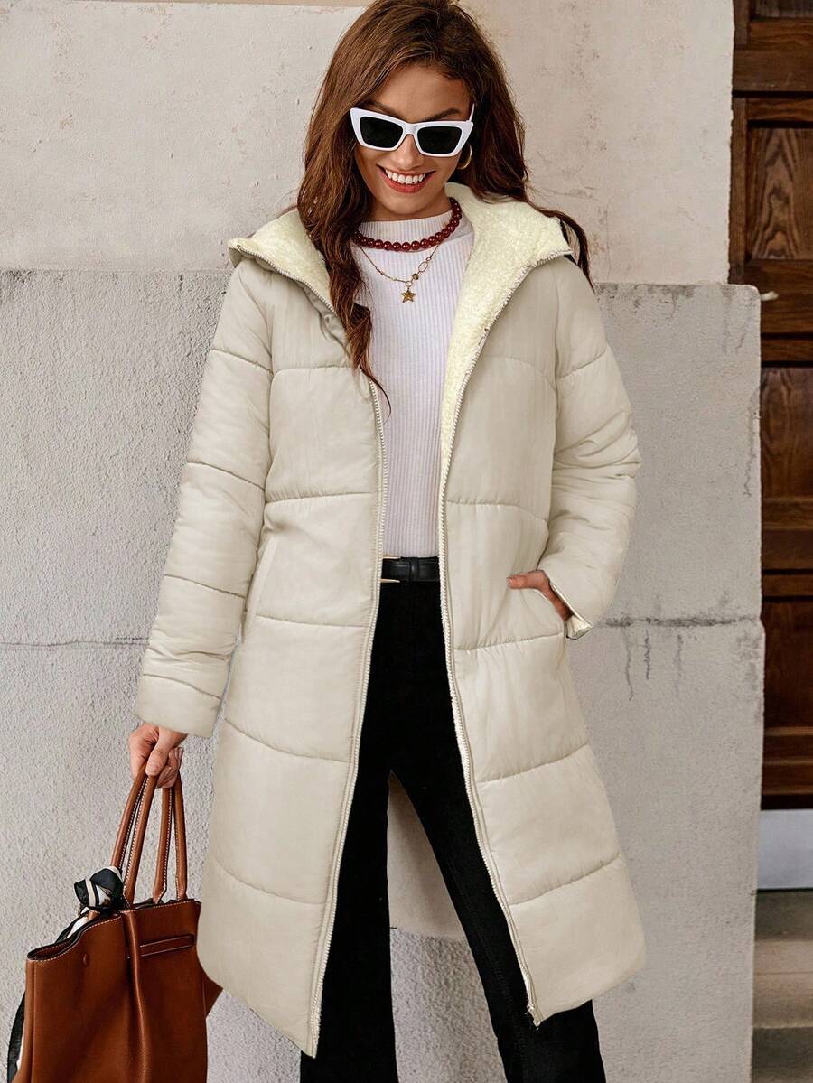 SHEIN Clasi Women Zip Up Hooded Teddy Lined Quilted Coat In Fall/Winter