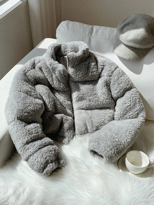 Comfortcana Women's Casual Light Gray Faux Wool Short Padded Coat In Fall/Winter