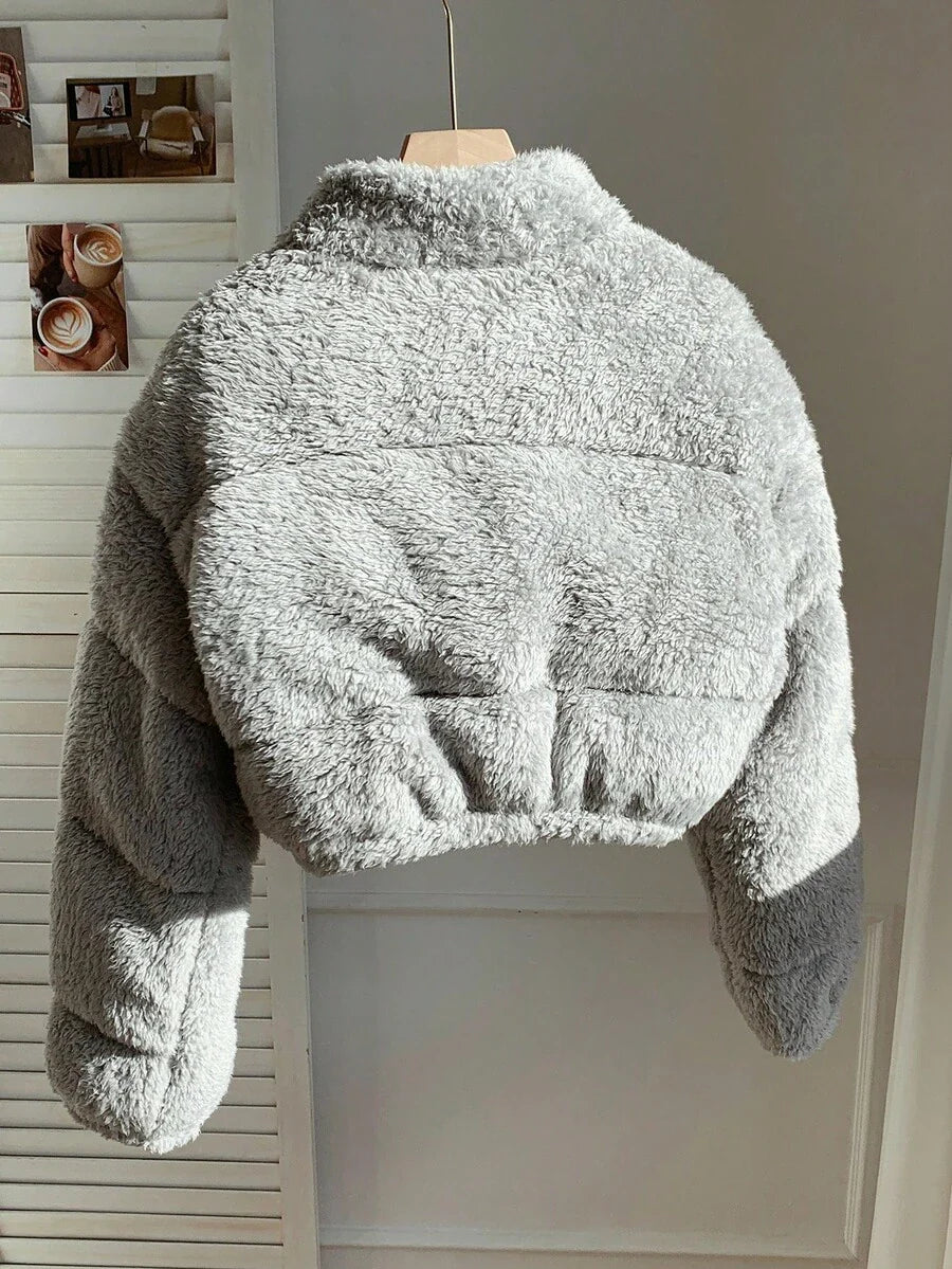 Comfortcana Women's Casual Light Gray Faux Wool Short Padded Coat In Fall/Winter