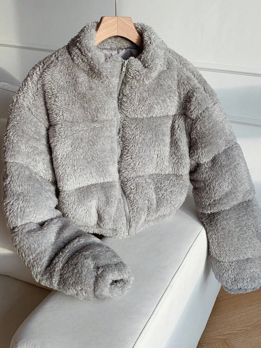 Comfortcana Women's Casual Light Gray Faux Wool Short Padded Coat In Fall/Winter