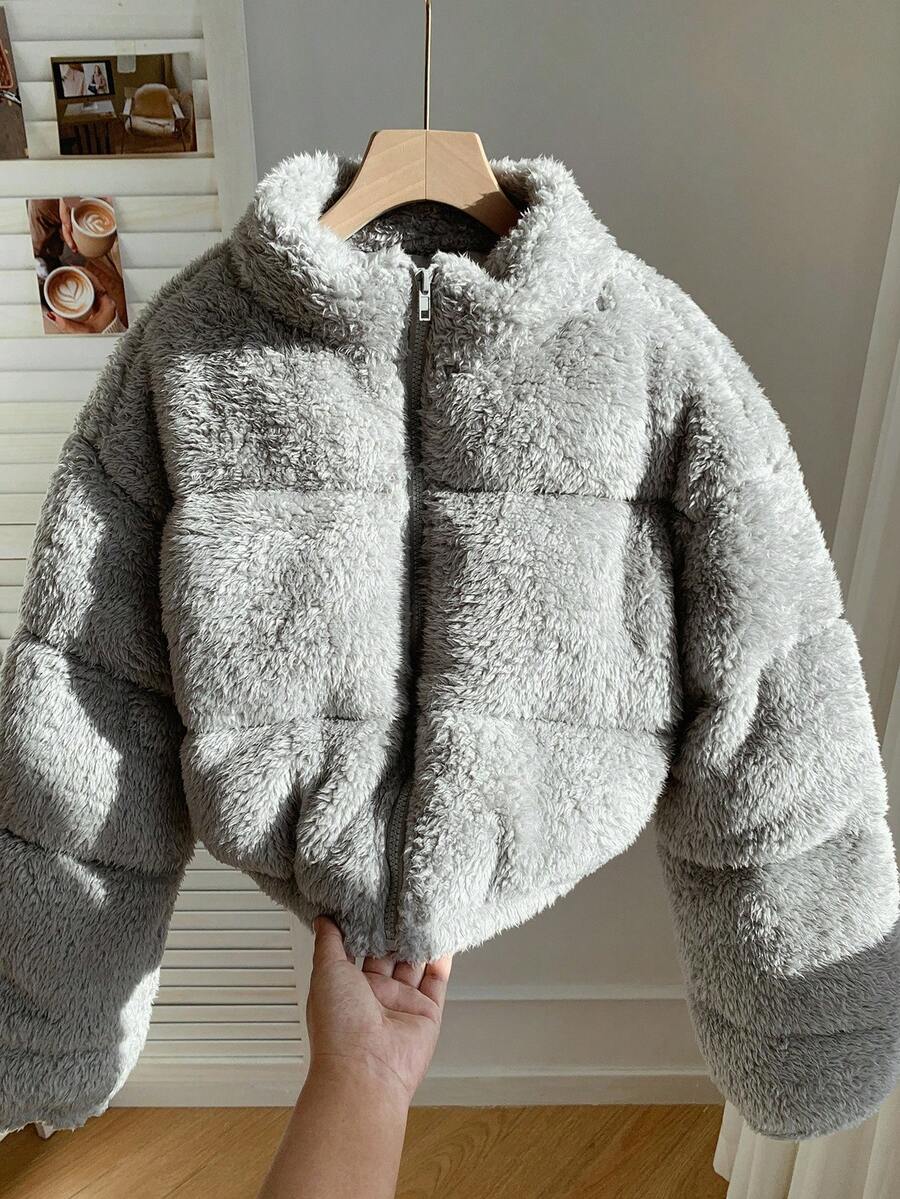 Comfortcana Women's Casual Light Gray Faux Wool Short Padded Coat In Fall/Winter