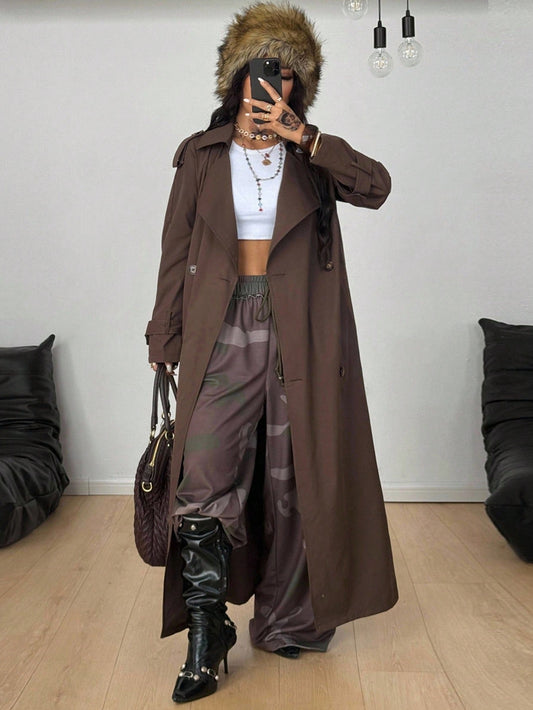 Coolane Women's Fall Streetwear Going Out Office Wear Vintage Casual Brown Loose Tie Front Long Trench Coat
