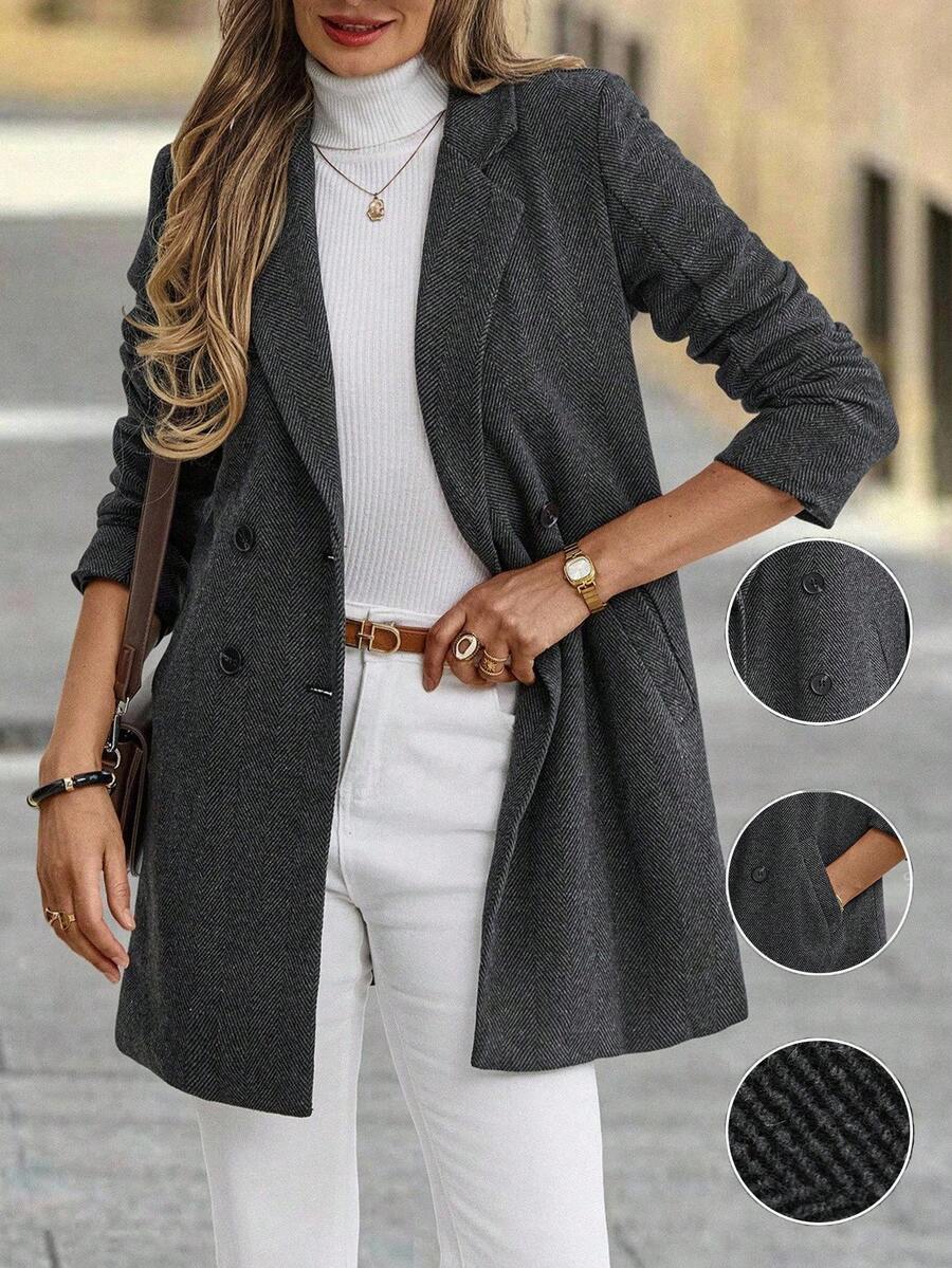 Clasi Women's Solid Color Double-Breasted Long Sleeve Woolen Windbreaker, Fashionable For Autumn/Winter