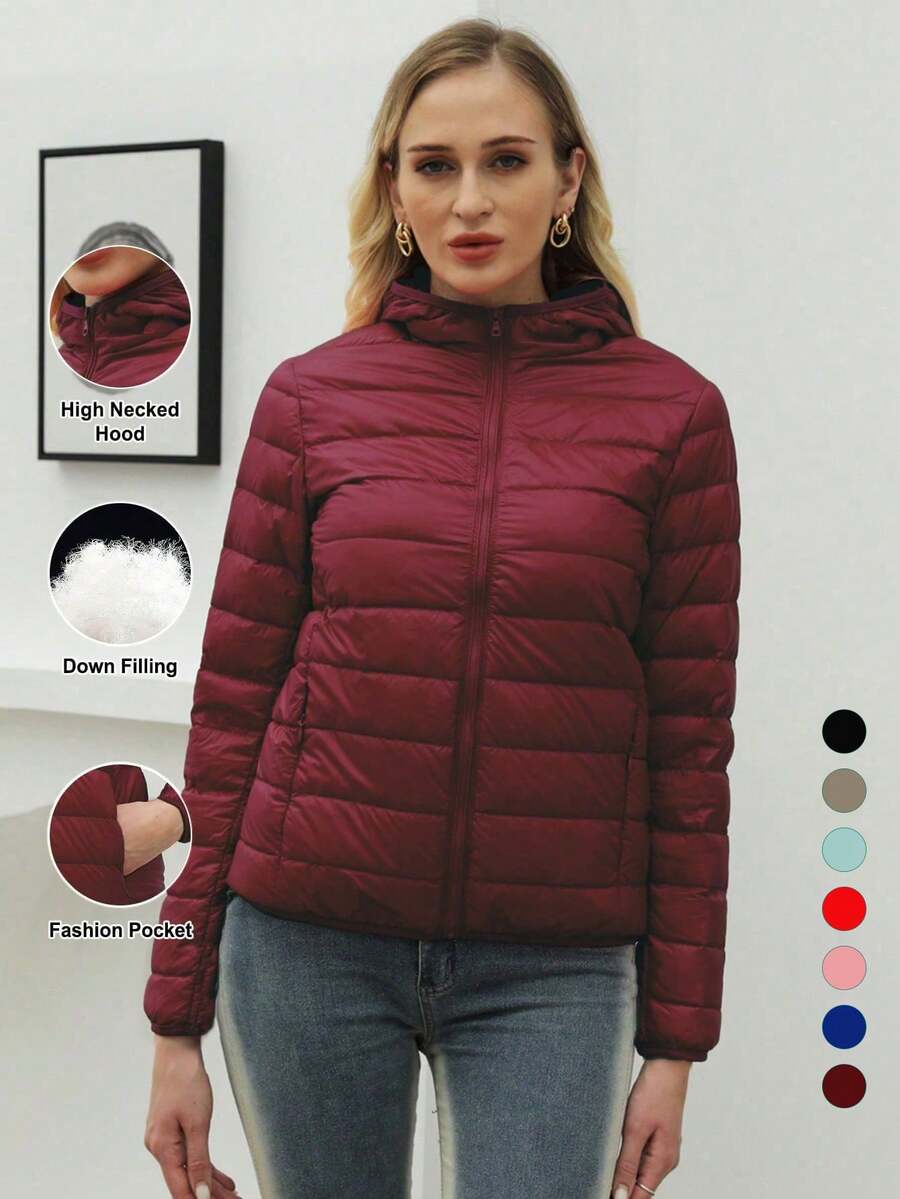 ZIAI Women Long Sleeve Hooded Down Coat Regular Length Warm Filled Jacket With Pockets And Zipper