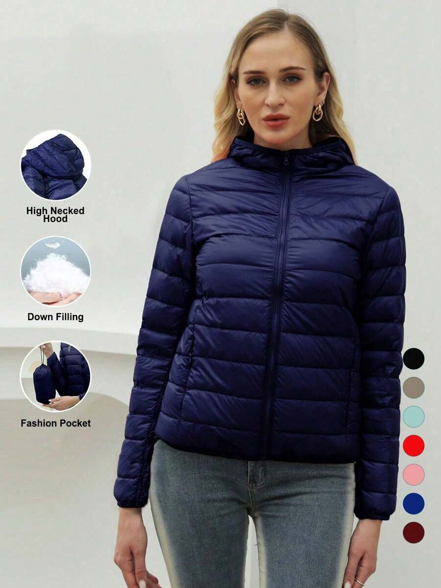 ZIAI Women Long Sleeve Hooded Down Coat Regular Length Warm Filled Jacket With Pockets And Zipper