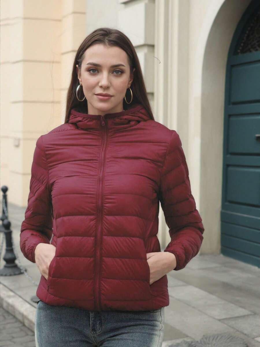 ZIAI Women Long Sleeve Hooded Down Coat Regular Length Warm Filled Jacket With Pockets And Zipper