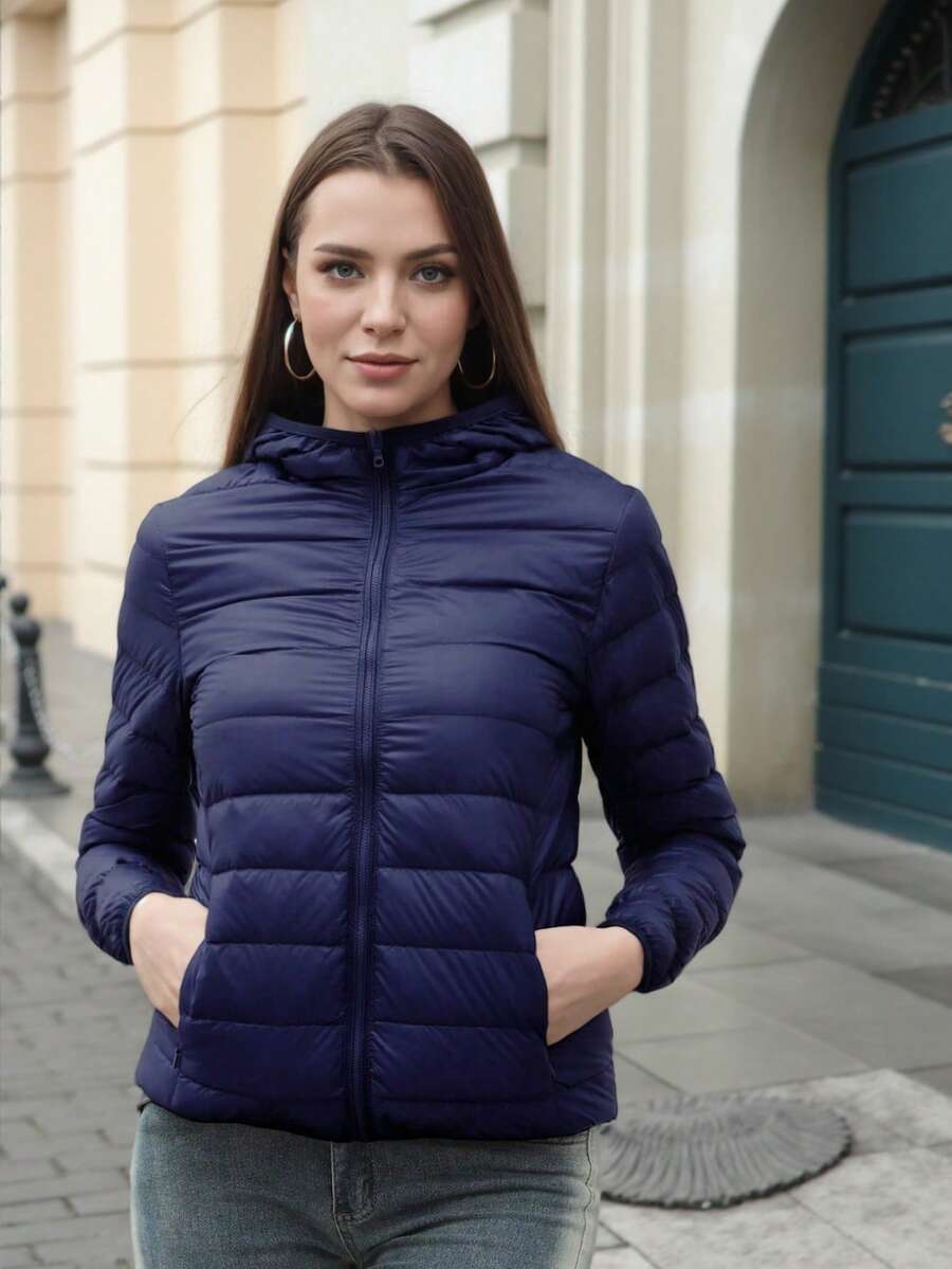 ZIAI Women Long Sleeve Hooded Down Coat Regular Length Warm Filled Jacket With Pockets And Zipper