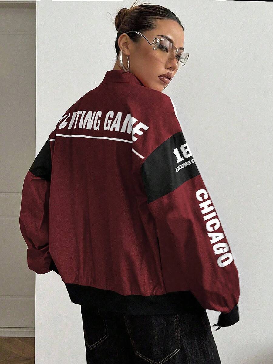 PETITE Letter Print Contrast Color Drop Shoulder Bomber Jacket For New Year Clothes