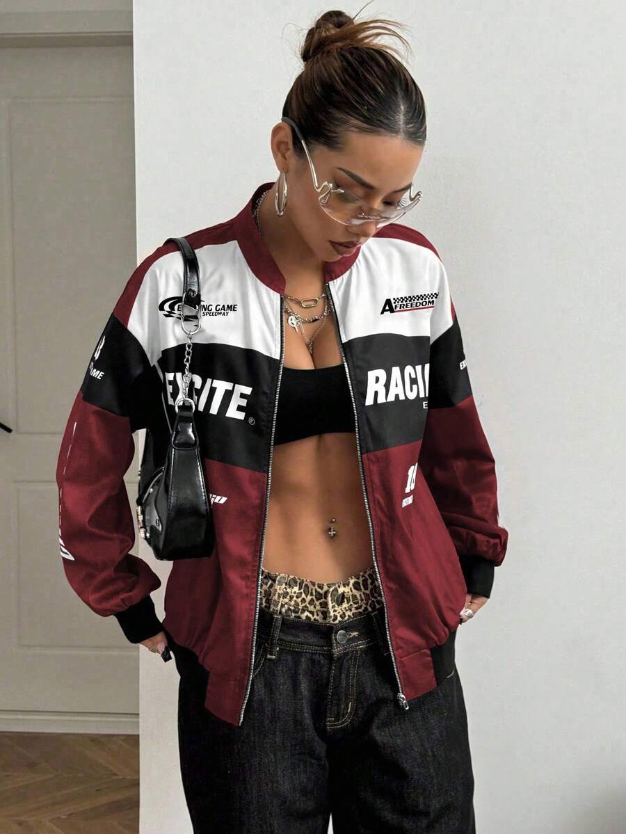 PETITE Letter Print Contrast Color Drop Shoulder Bomber Jacket For New Year Clothes