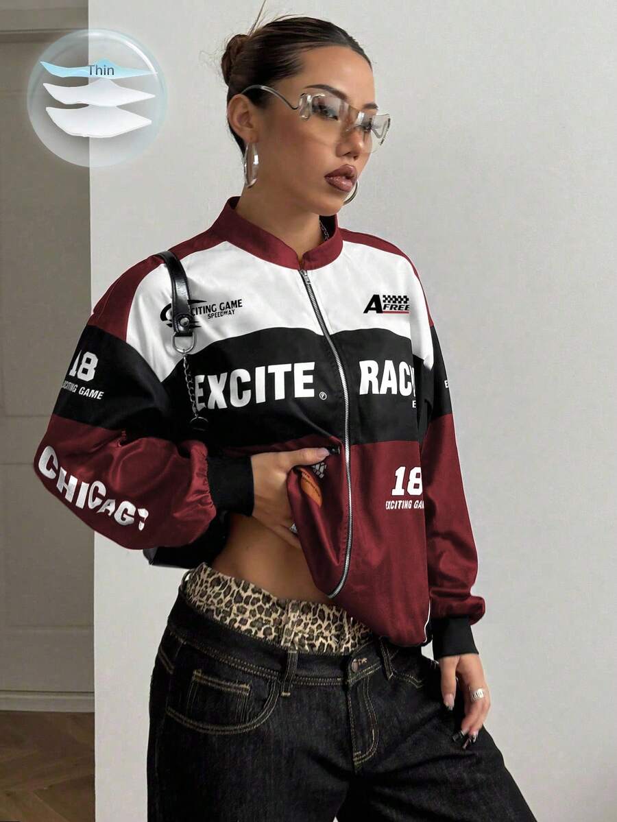 PETITE Letter Print Contrast Color Drop Shoulder Bomber Jacket For New Year Clothes