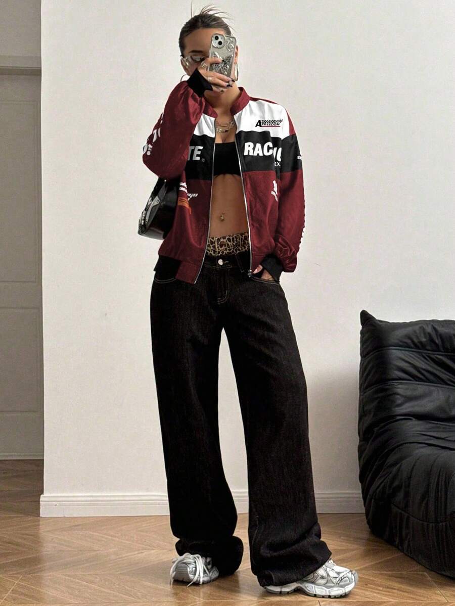 PETITE Letter Print Contrast Color Drop Shoulder Bomber Jacket For New Year Clothes