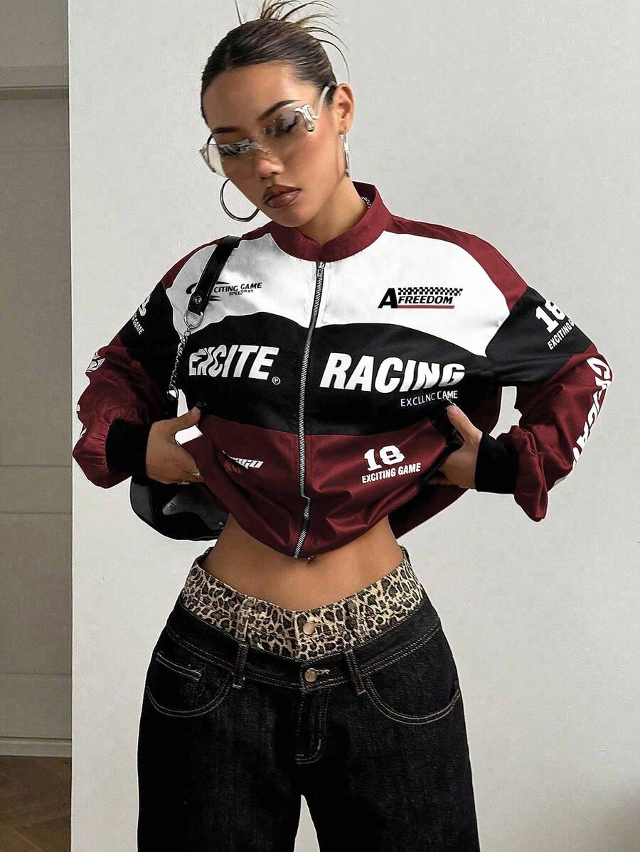 PETITE Letter Print Contrast Color Drop Shoulder Bomber Jacket For New Year Clothes