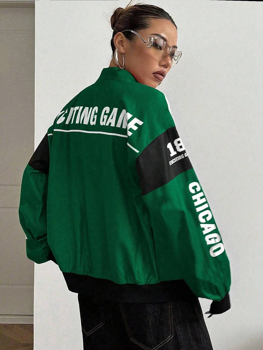 PETITE Letter Print Contrast Color Drop Shoulder Bomber Jacket For New Year Clothes