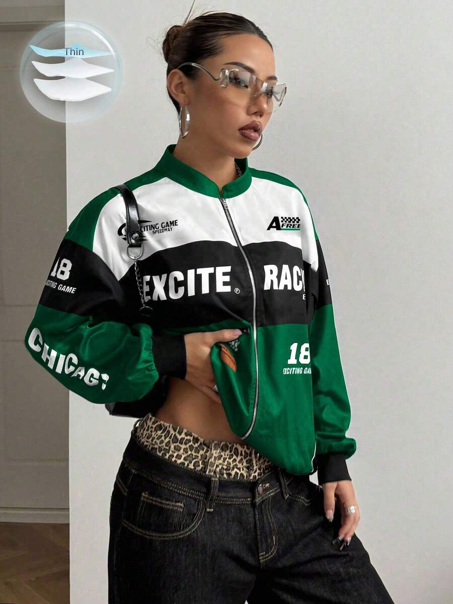PETITE Letter Print Contrast Color Drop Shoulder Bomber Jacket For New Year Clothes