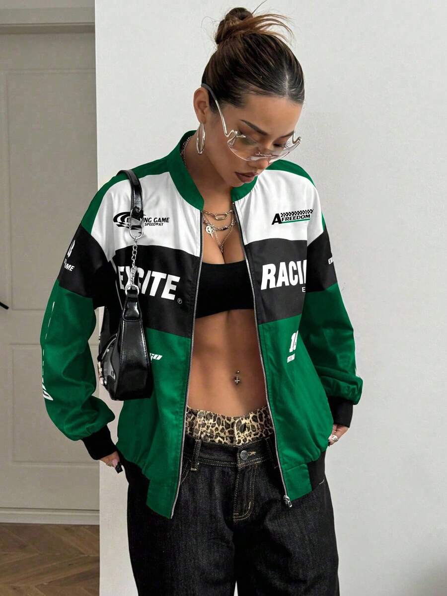 PETITE Letter Print Contrast Color Drop Shoulder Bomber Jacket For New Year Clothes