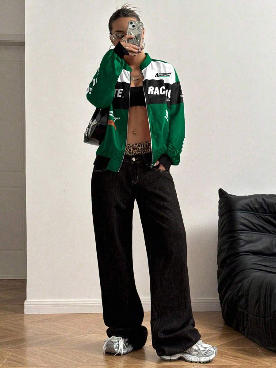 PETITE Letter Print Contrast Color Drop Shoulder Bomber Jacket For New Year Clothes