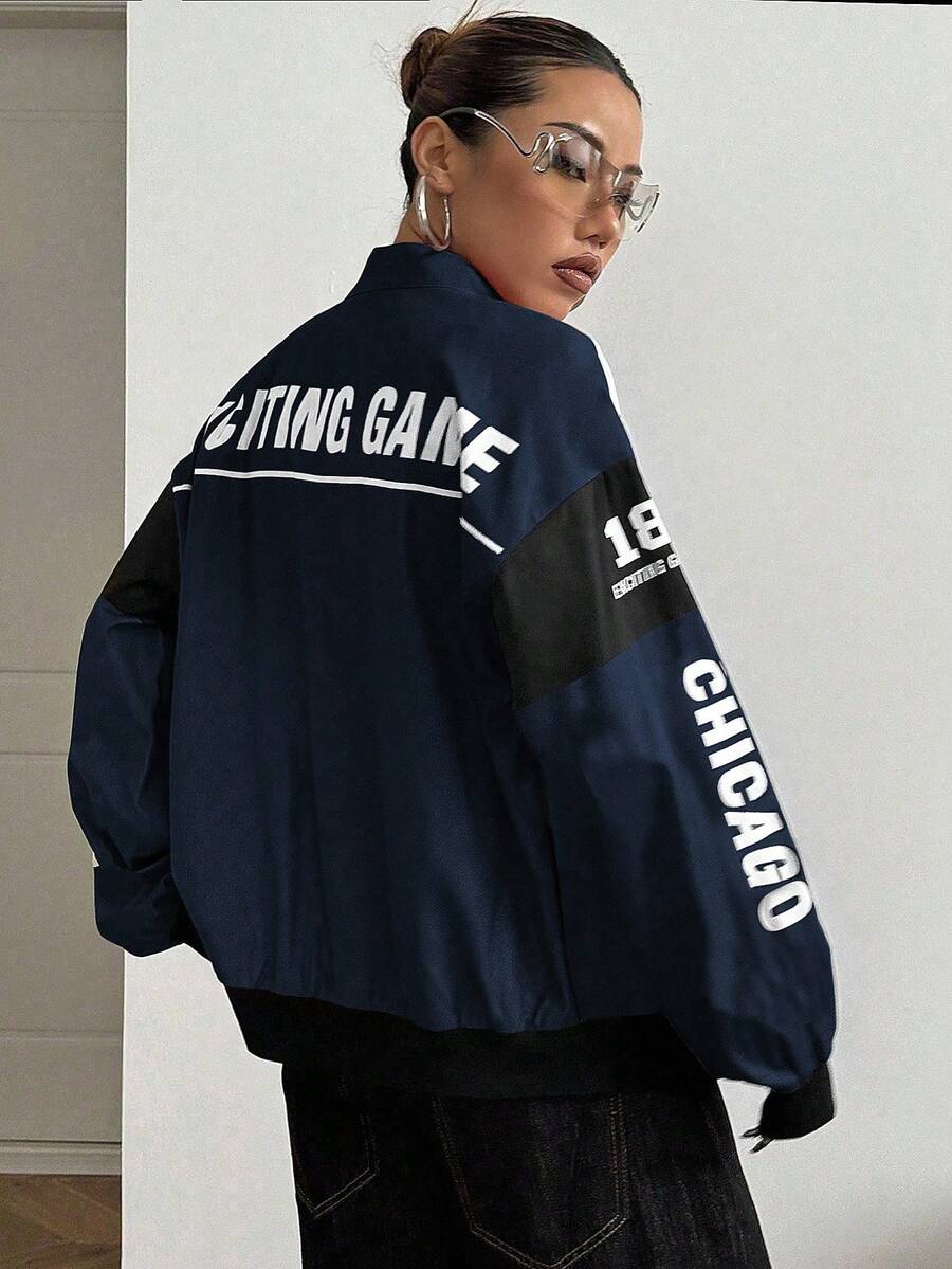 PETITE Letter Print Contrast Color Drop Shoulder Bomber Jacket For New Year Clothes