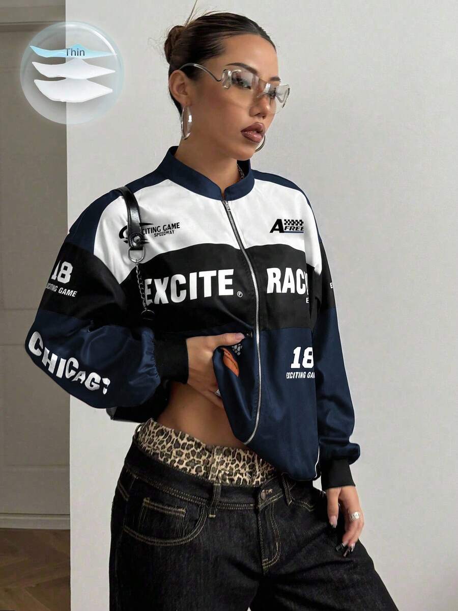 PETITE Letter Print Contrast Color Drop Shoulder Bomber Jacket For New Year Clothes
