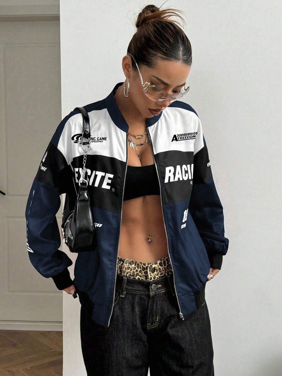 PETITE Letter Print Contrast Color Drop Shoulder Bomber Jacket For New Year Clothes