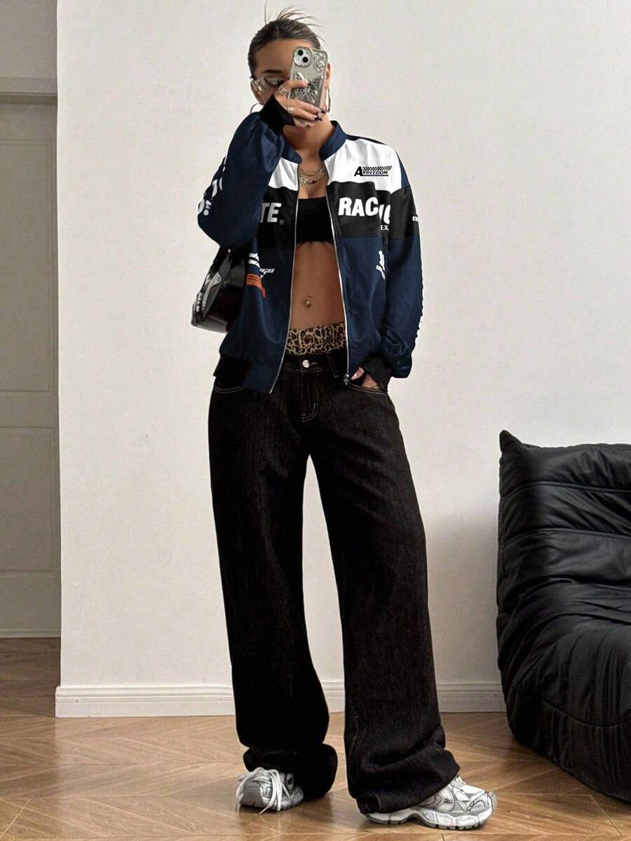 PETITE Letter Print Contrast Color Drop Shoulder Bomber Jacket For New Year Clothes