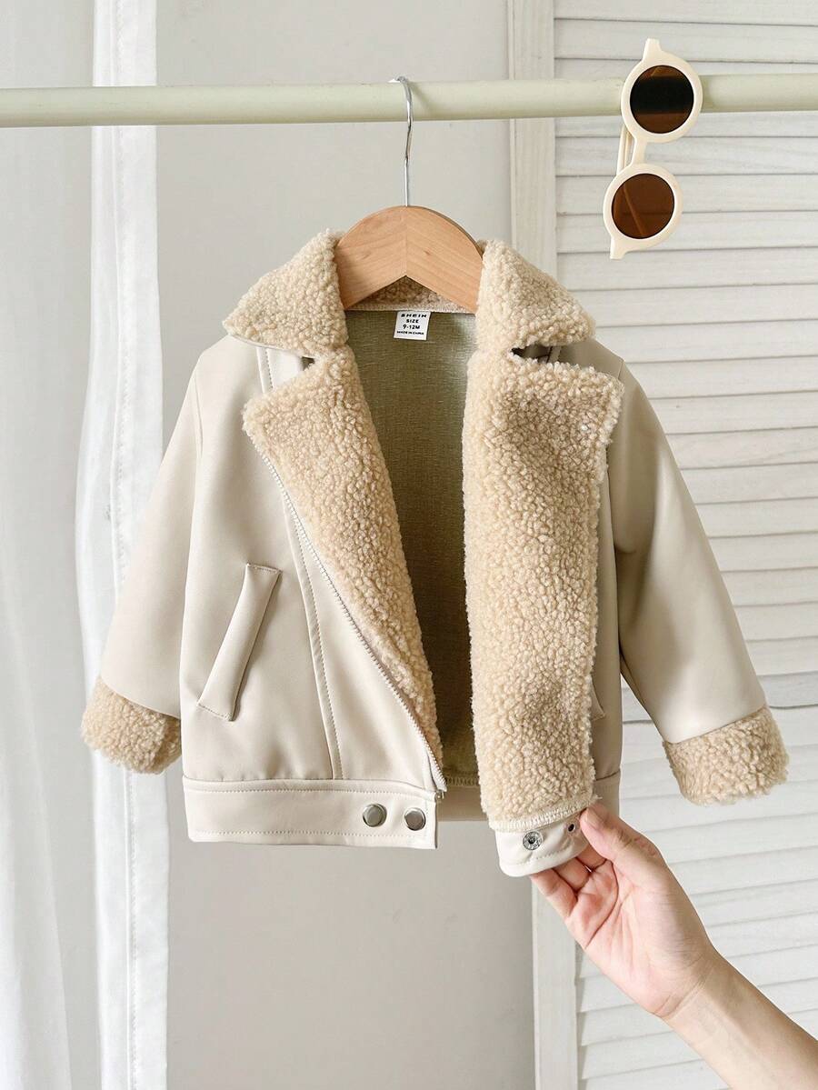 SHEIN Playful Pals Plush Patchwork Baby Boy Faux Leather Jacket, Fashionable Casual Streetwear Baby Boy Jacket