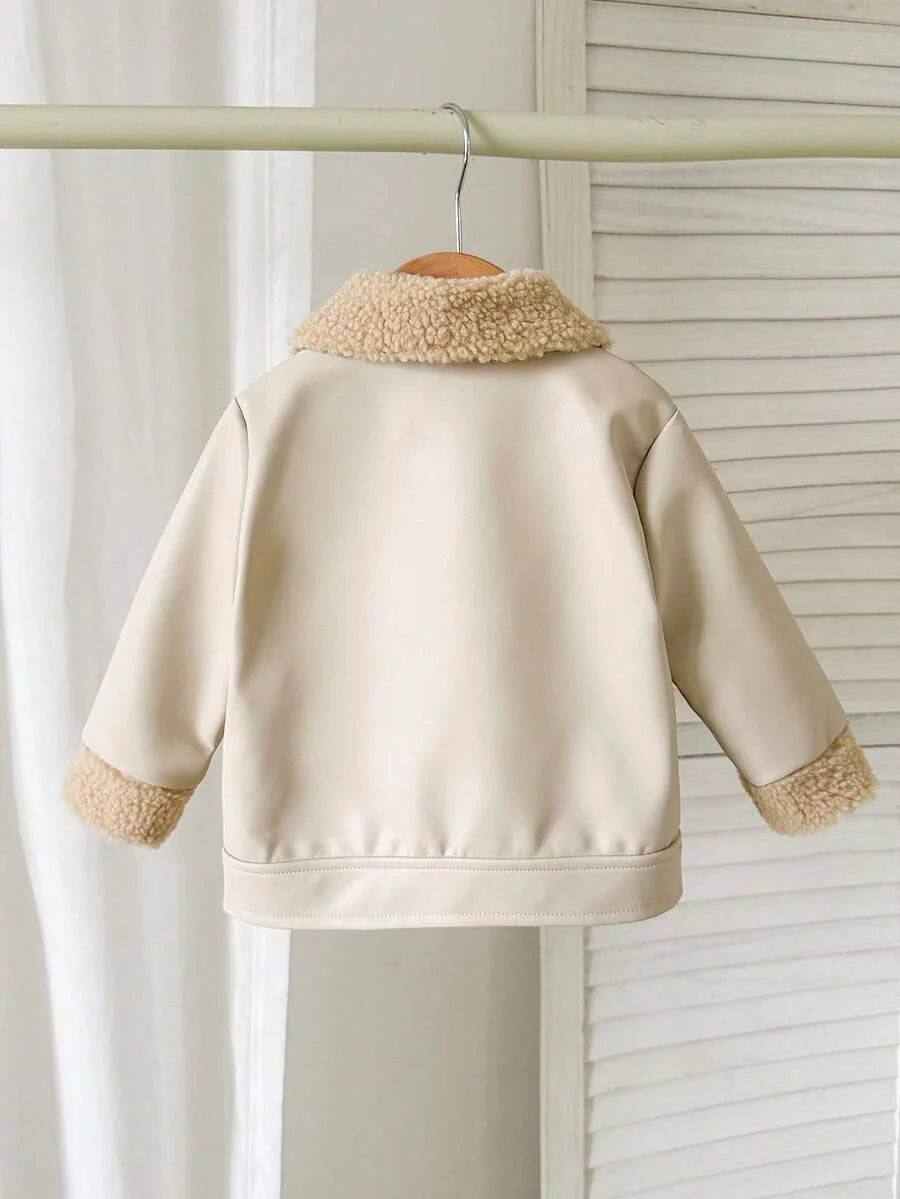 SHEIN Playful Pals Plush Patchwork Baby Boy Faux Leather Jacket, Fashionable Casual Streetwear Baby Boy Jacket