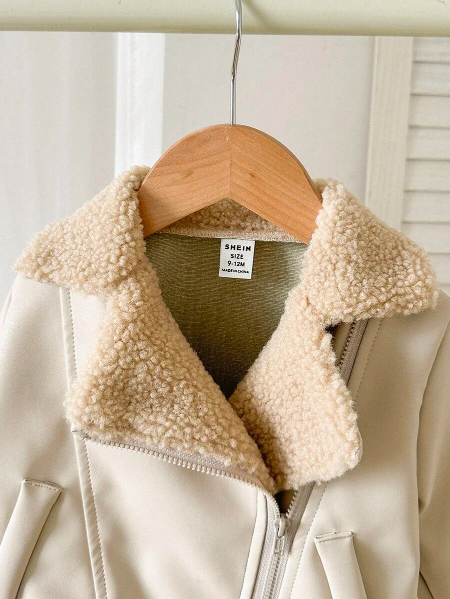 SHEIN Playful Pals Plush Patchwork Baby Boy Faux Leather Jacket, Fashionable Casual Streetwear Baby Boy Jacket