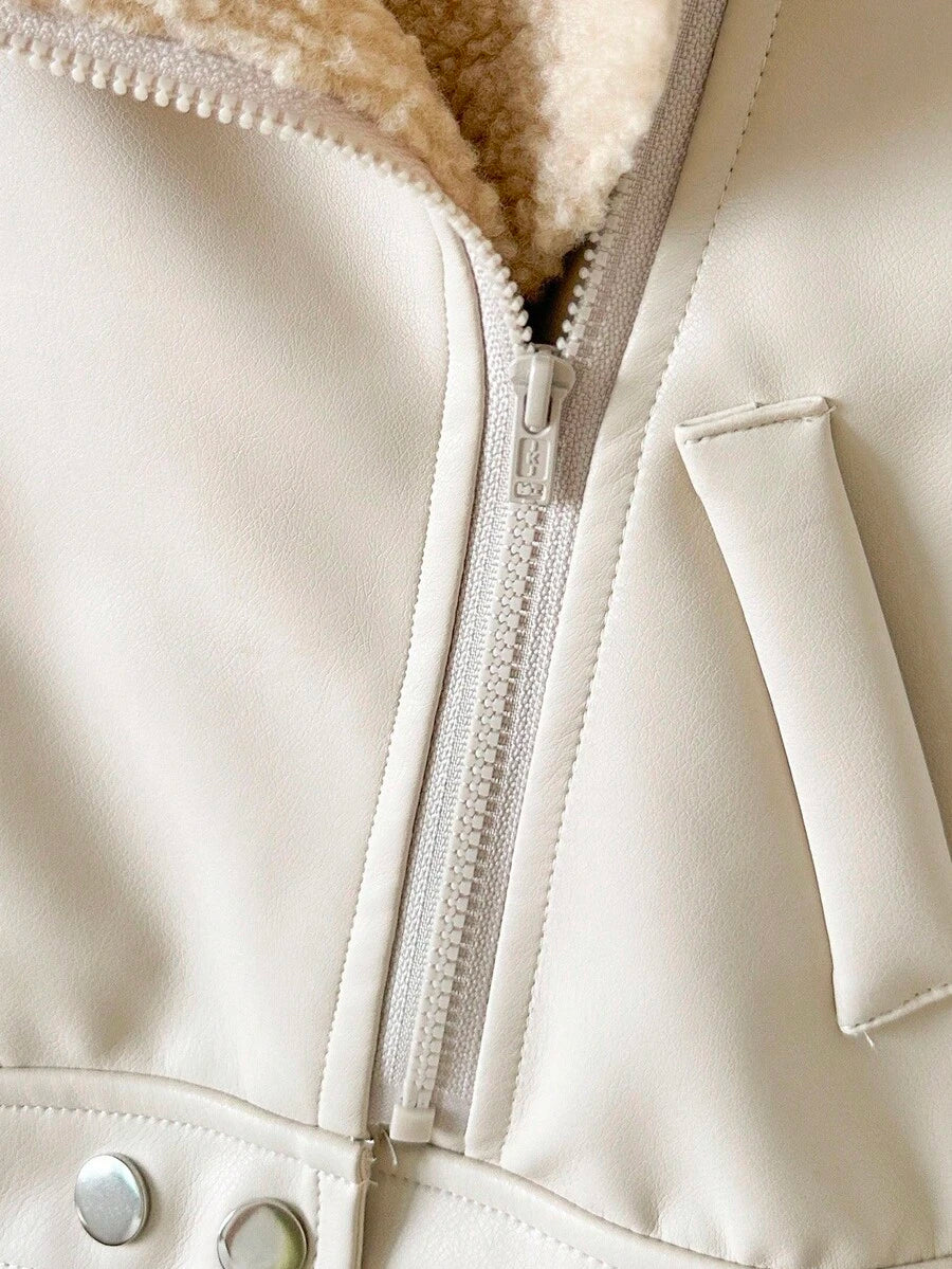 SHEIN Playful Pals Plush Patchwork Baby Boy Faux Leather Jacket, Fashionable Casual Streetwear Baby Boy Jacket