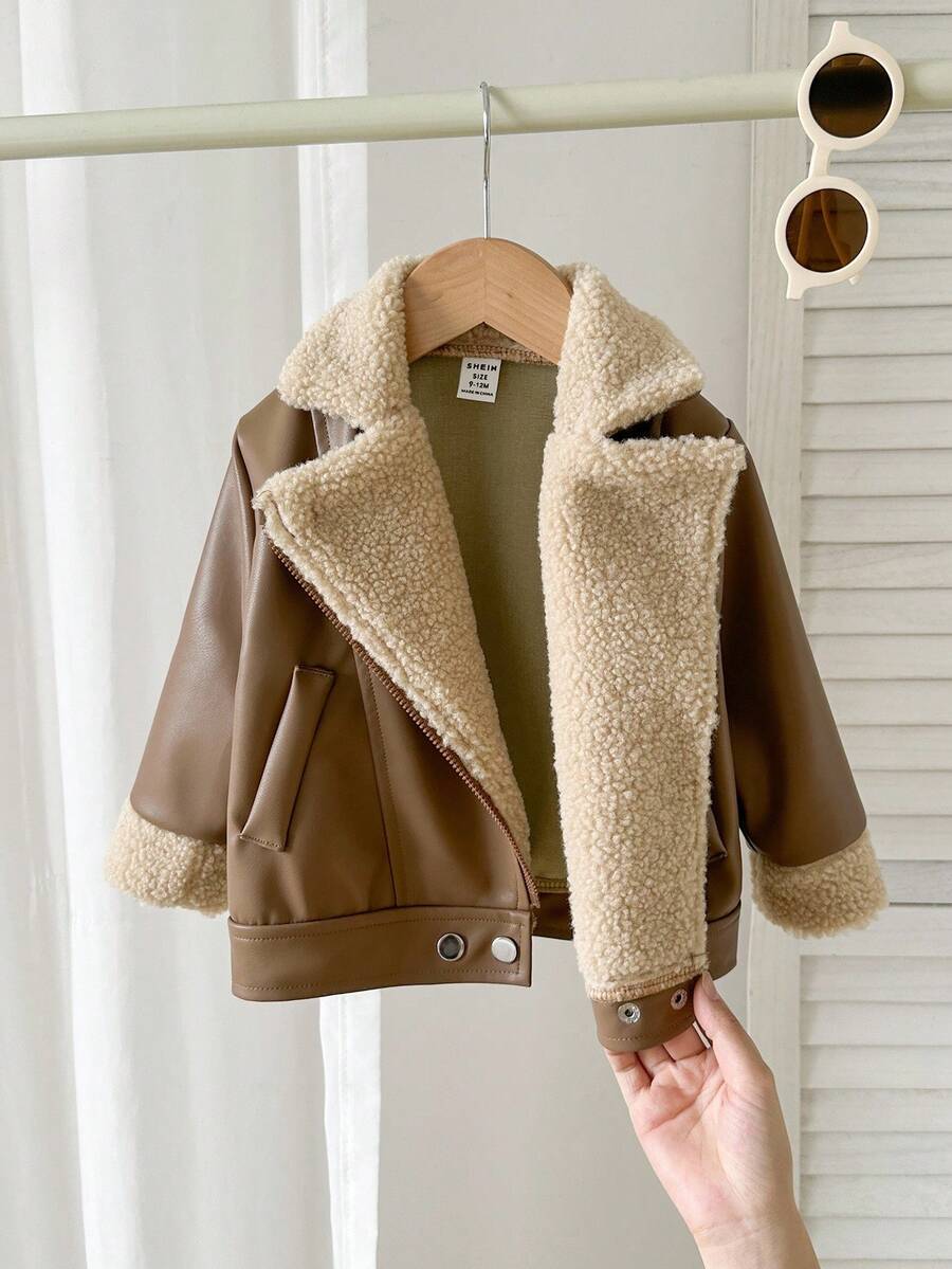 SHEIN Playful Pals Plush Patchwork Baby Boy Faux Leather Jacket, Fashionable Casual Streetwear Baby Boy Jacket