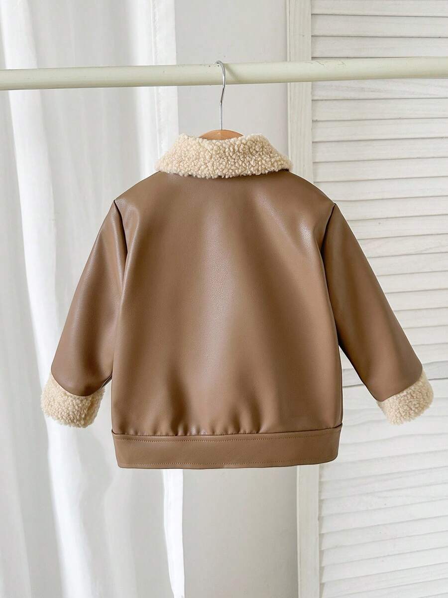 SHEIN Playful Pals Plush Patchwork Baby Boy Faux Leather Jacket, Fashionable Casual Streetwear Baby Boy Jacket