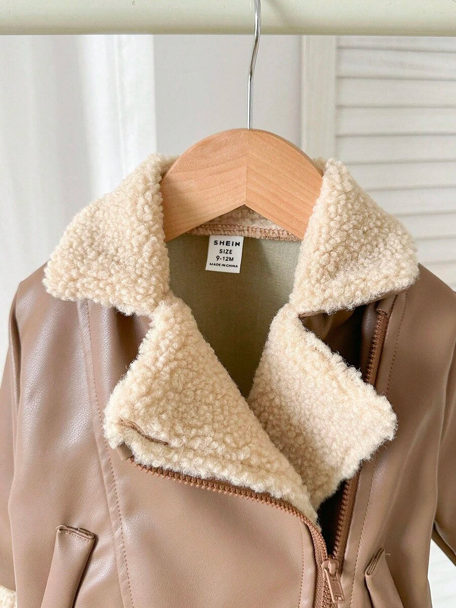 SHEIN Playful Pals Plush Patchwork Baby Boy Faux Leather Jacket, Fashionable Casual Streetwear Baby Boy Jacket