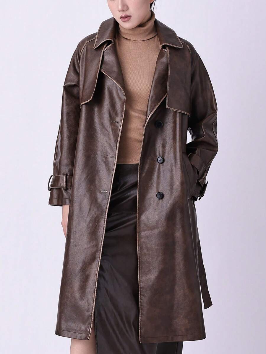 Women's Spring/Autumn PU Long Jacket, Chic Lightweight Trench Coat With Adjustable Belt - Versatile Commuter Jacket