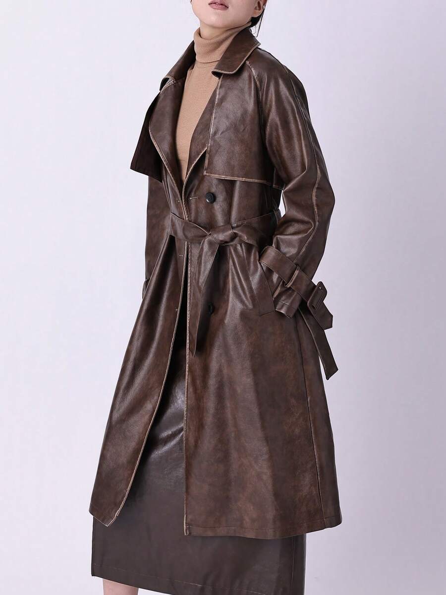 Women's Spring/Autumn PU Long Jacket, Chic Lightweight Trench Coat With Adjustable Belt - Versatile Commuter Jacket