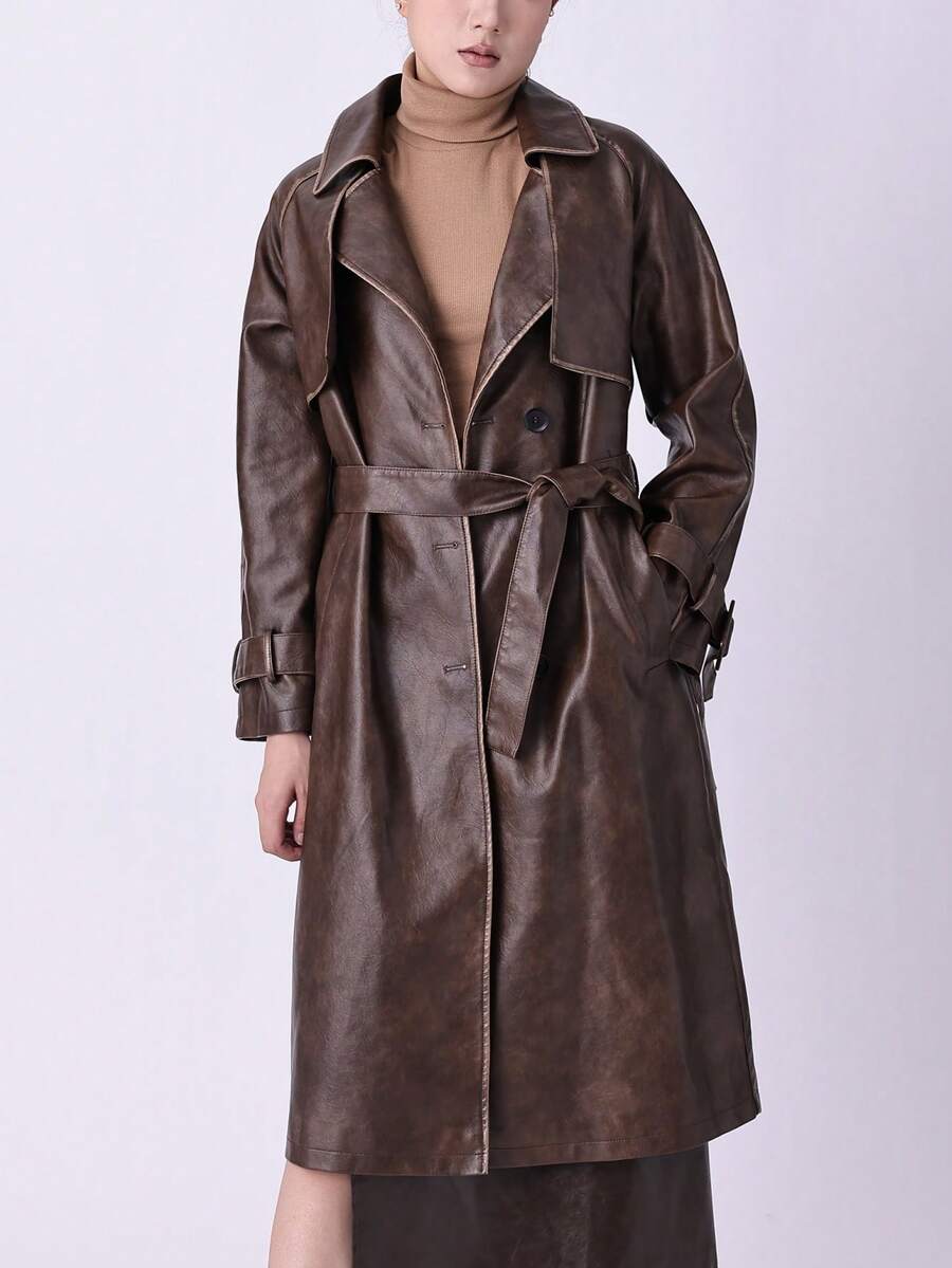 Women's Spring/Autumn PU Long Jacket, Chic Lightweight Trench Coat With Adjustable Belt - Versatile Commuter Jacket