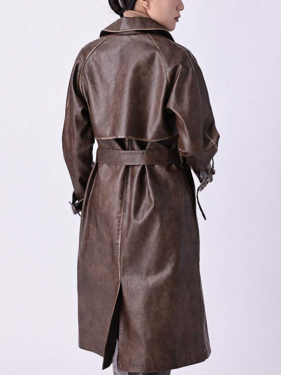Women's Spring/Autumn PU Long Jacket, Chic Lightweight Trench Coat With Adjustable Belt - Versatile Commuter Jacket