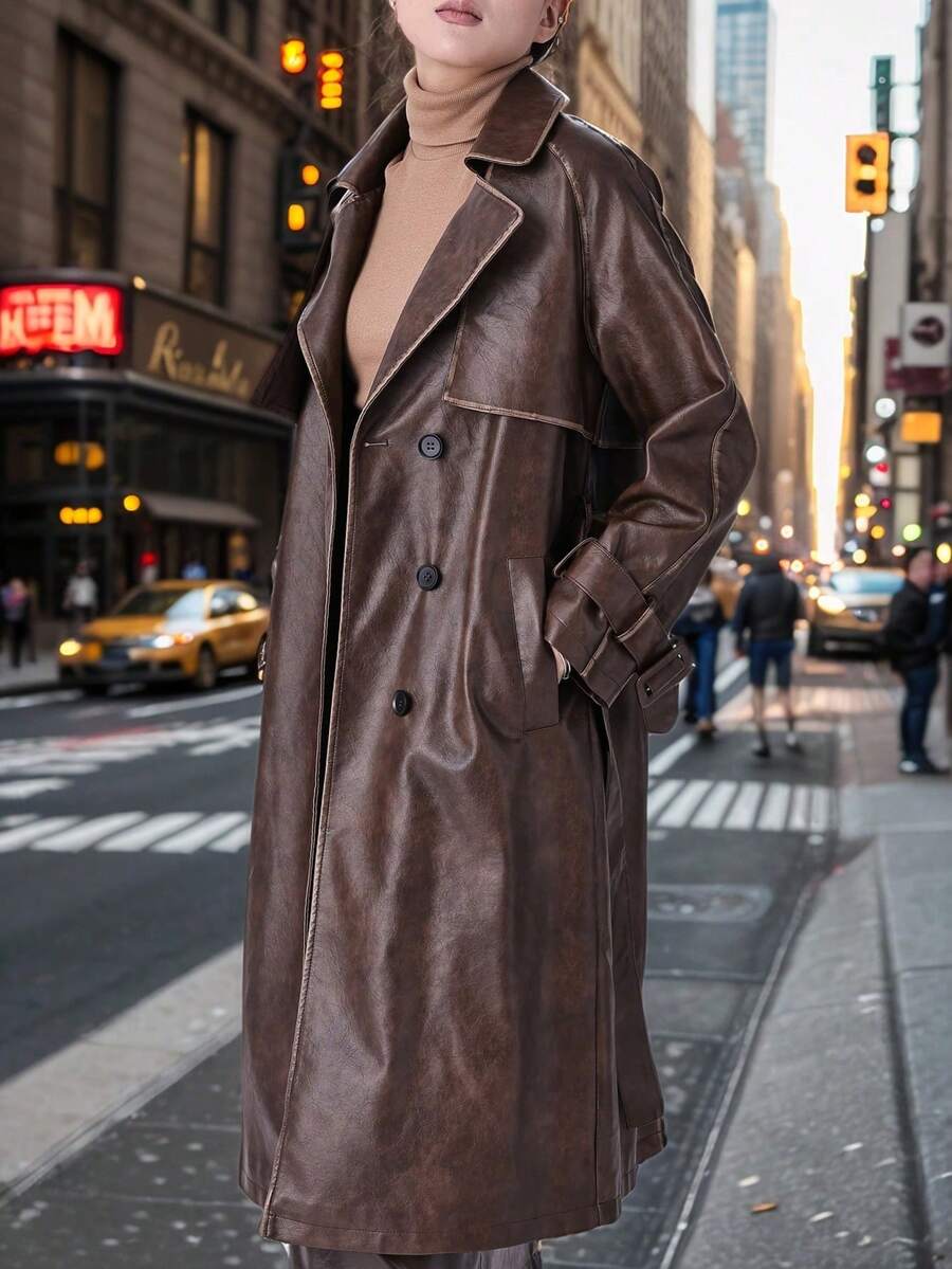 Women's Spring/Autumn PU Long Jacket, Chic Lightweight Trench Coat With Adjustable Belt - Versatile Commuter Jacket