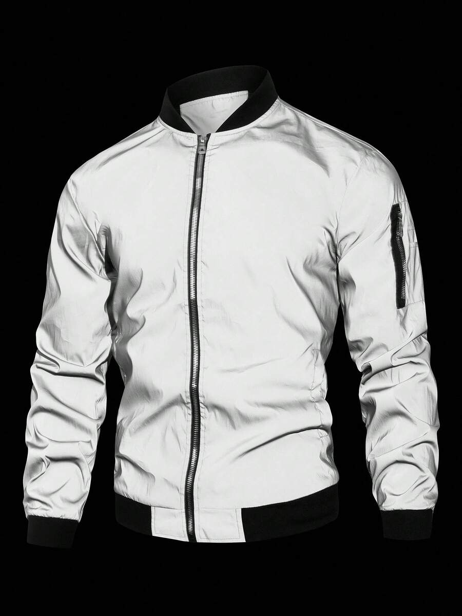 Manfinity EMRG Men's Solid Color Zipper Fashion Versatile Outdoor Windbreaker Jacket Black Bomber