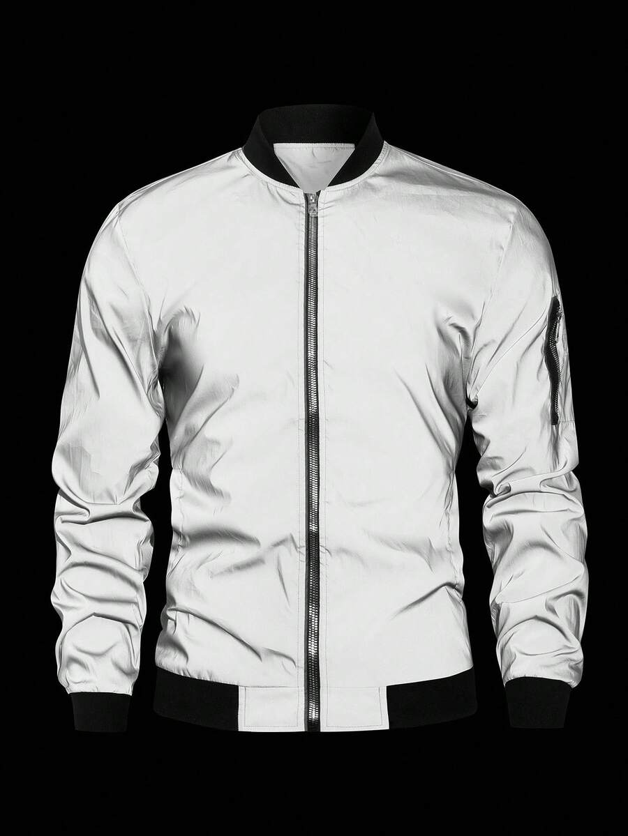 Manfinity EMRG Men's Solid Color Zipper Fashion Versatile Outdoor Windbreaker Jacket Black Bomber