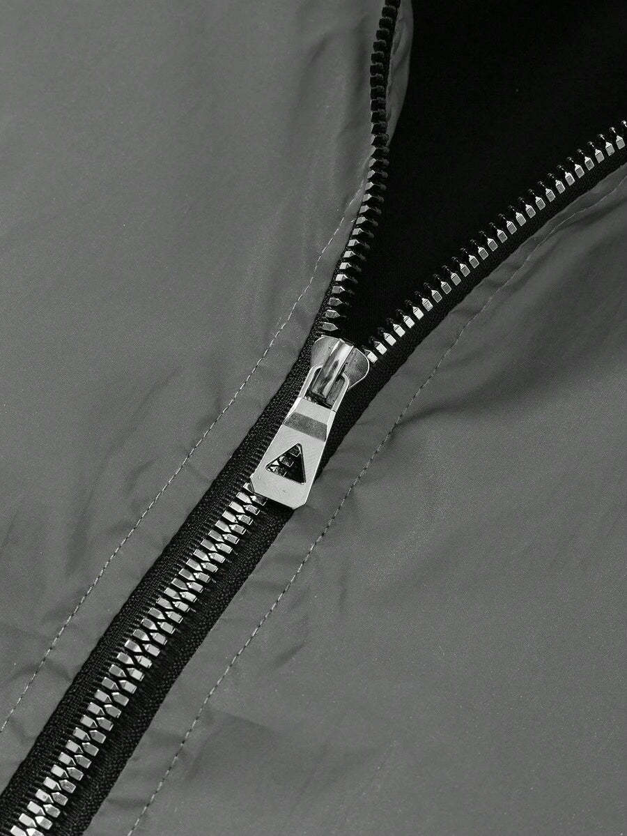 Manfinity EMRG Men's Solid Color Zipper Fashion Versatile Outdoor Windbreaker Jacket Black Bomber