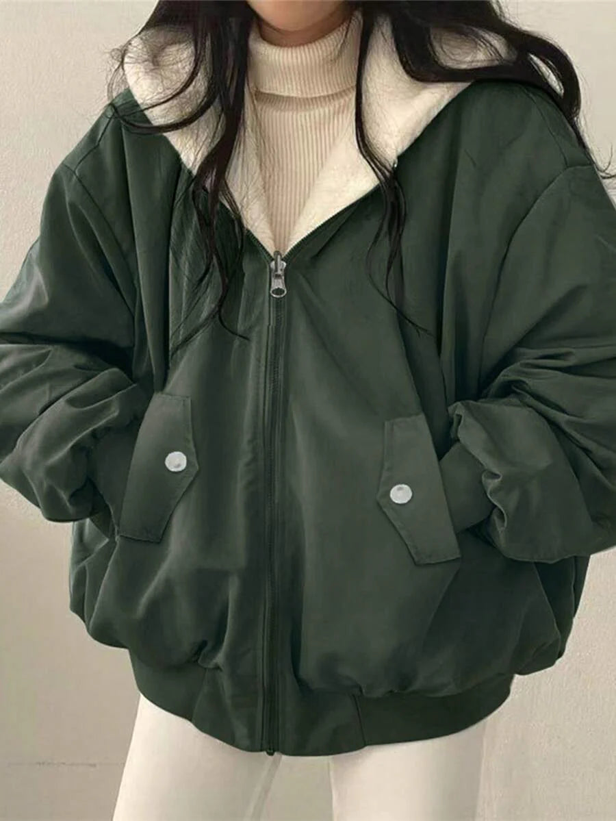 Women's Oversized Hooded Parka With Faux Fur Collar, Slimming Silhouette, Dual-Sided Wear, Daily Street Style, Short Jacket For Autumn/Winter