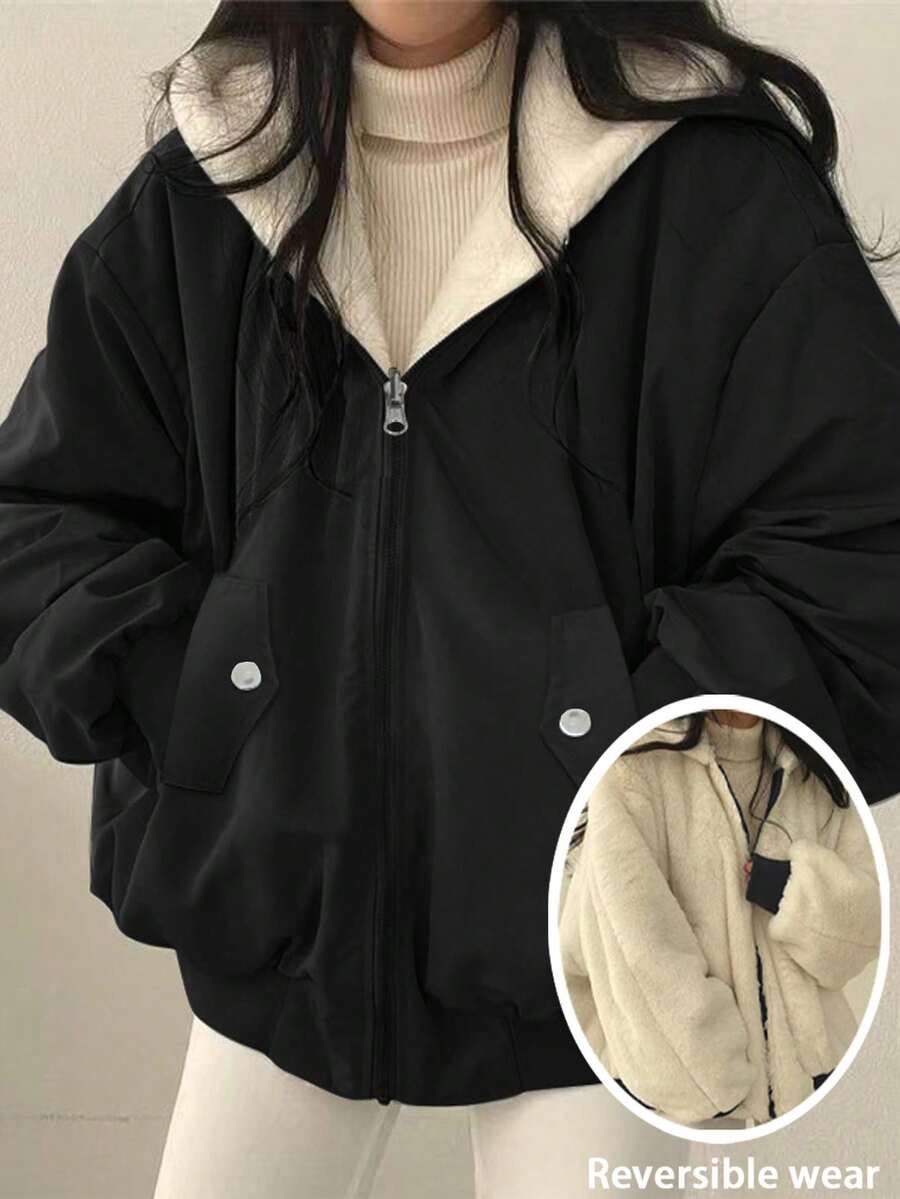 Women's Oversized Hooded Parka With Faux Fur Collar, Slimming Silhouette, Dual-Sided Wear, Daily Street Style, Short Jacket For Autumn/Winter