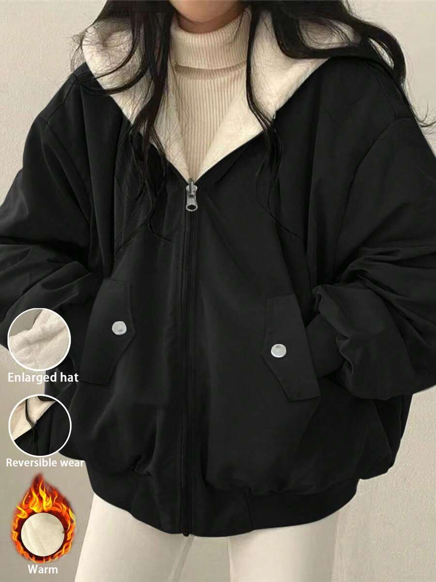 Women's Oversized Hooded Parka With Faux Fur Collar, Slimming Silhouette, Dual-Sided Wear, Daily Street Style, Short Jacket For Autumn/Winter