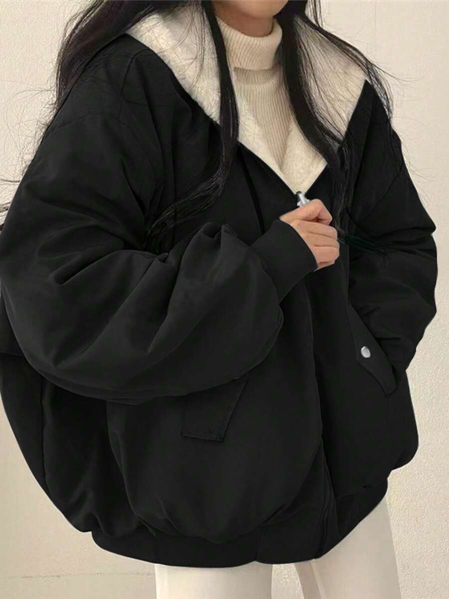 Women's Oversized Hooded Parka With Faux Fur Collar, Slimming Silhouette, Dual-Sided Wear, Daily Street Style, Short Jacket For Autumn/Winter