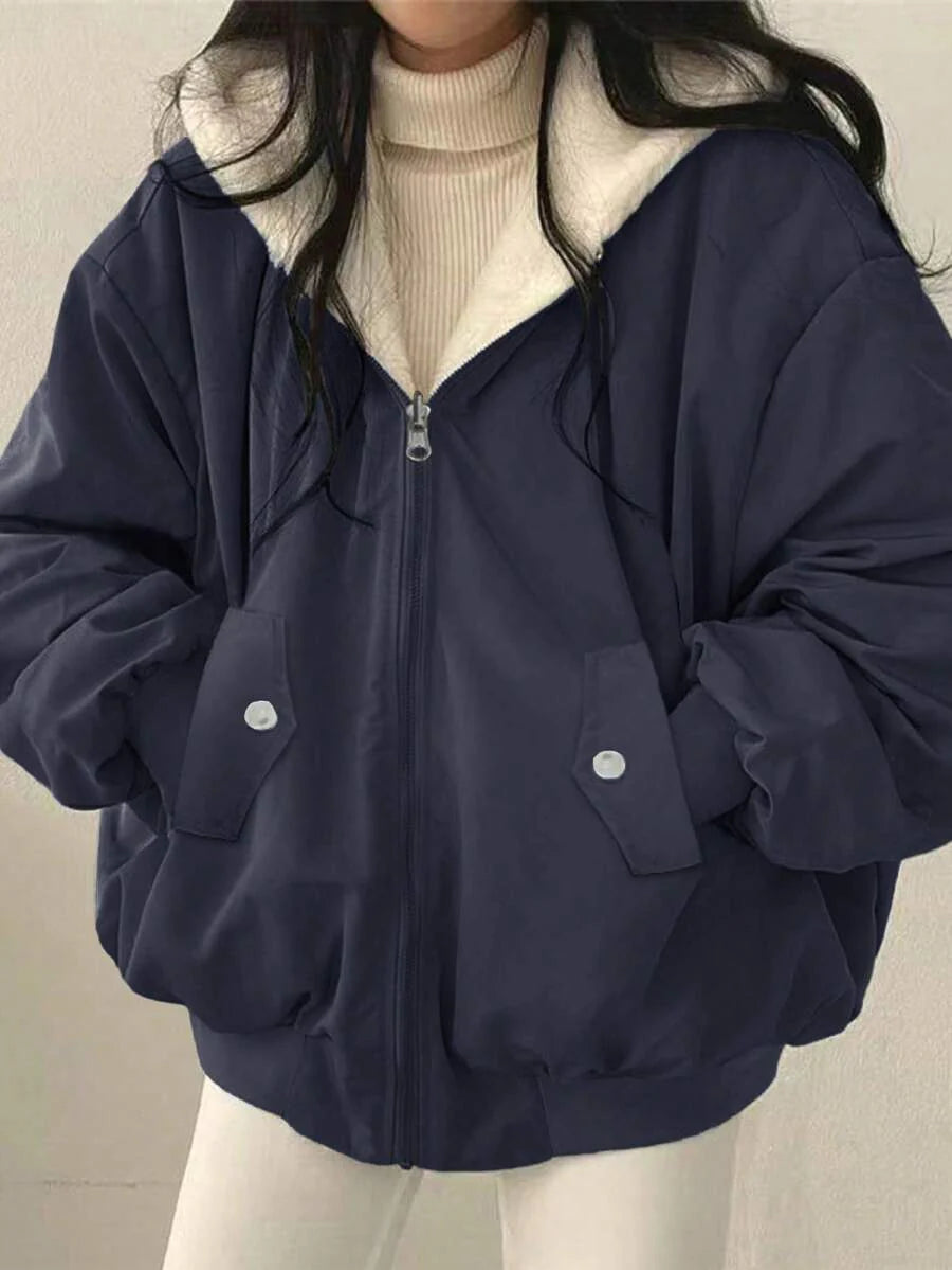 Women's Oversized Hooded Parka With Faux Fur Collar, Slimming Silhouette, Dual-Sided Wear, Daily Street Style, Short Jacket For Autumn/Winter