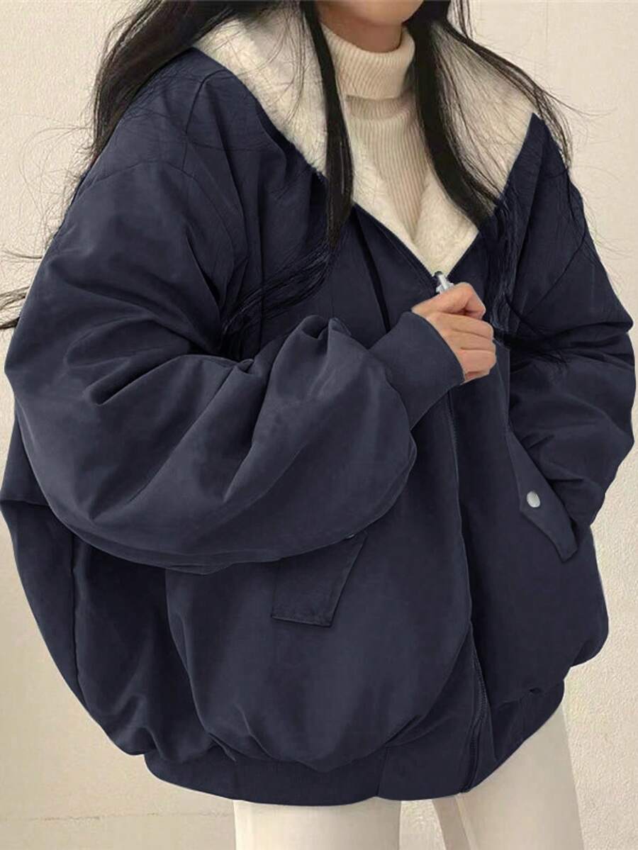 Women's Oversized Hooded Parka With Faux Fur Collar, Slimming Silhouette, Dual-Sided Wear, Daily Street Style, Short Jacket For Autumn/Winter