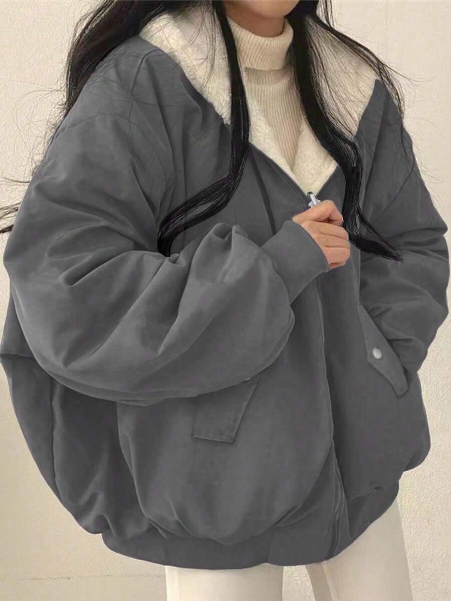 Women's Oversized Hooded Parka With Faux Fur Collar, Slimming Silhouette, Dual-Sided Wear, Daily Street Style, Short Jacket For Autumn/Winter