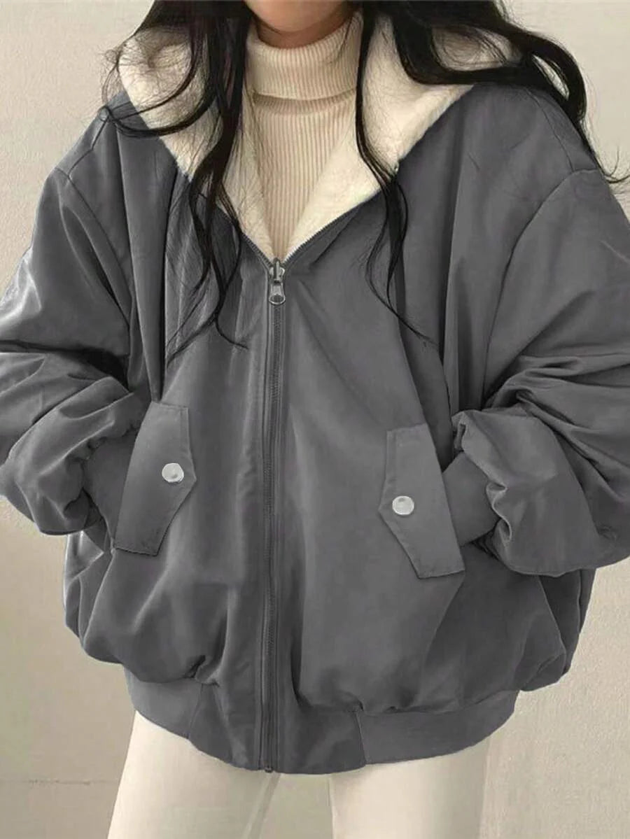 Women's Oversized Hooded Parka With Faux Fur Collar, Slimming Silhouette, Dual-Sided Wear, Daily Street Style, Short Jacket For Autumn/Winter