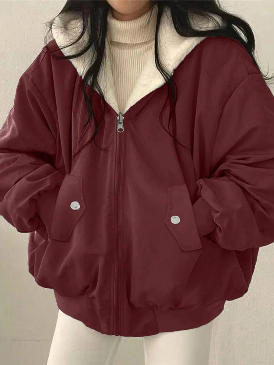 Women's Oversized Hooded Parka With Faux Fur Collar, Slimming Silhouette, Dual-Sided Wear, Daily Street Style, Short Jacket For Autumn/Winter