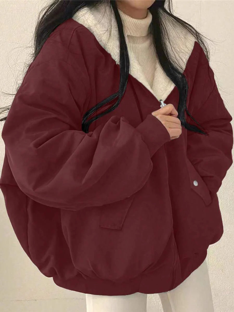 Women's Oversized Hooded Parka With Faux Fur Collar, Slimming Silhouette, Dual-Sided Wear, Daily Street Style, Short Jacket For Autumn/Winter