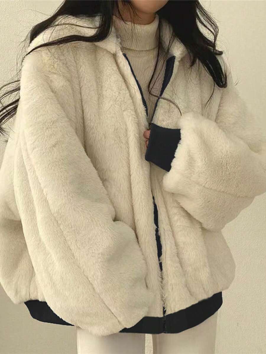 Women's Oversized Hooded Parka With Faux Fur Collar, Slimming Silhouette, Dual-Sided Wear, Daily Street Style, Short Jacket For Autumn/Winter